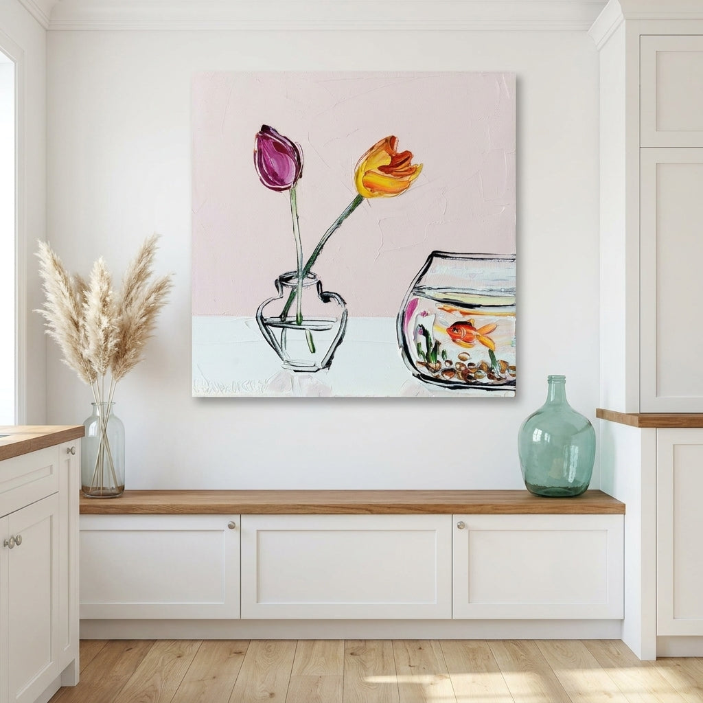 Stretched canvas wall art styled on the wall in a coastal kitchen