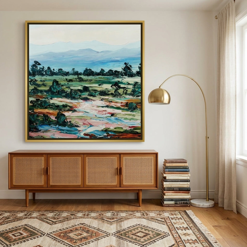 Oversized statement canvas wall art with a gold leaf surround styled on the wall in a mid-century living room