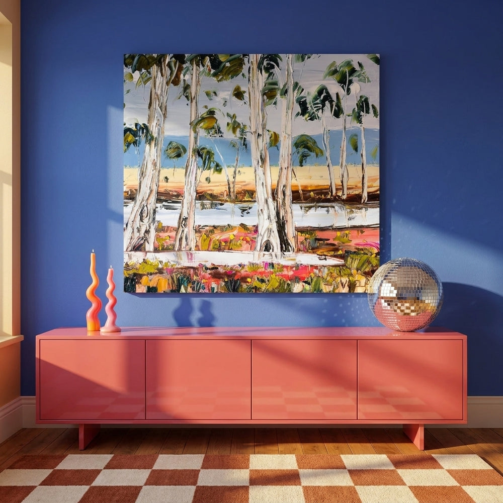 Stretched canvas wall art styled on the wall in a colourful eclectic living room