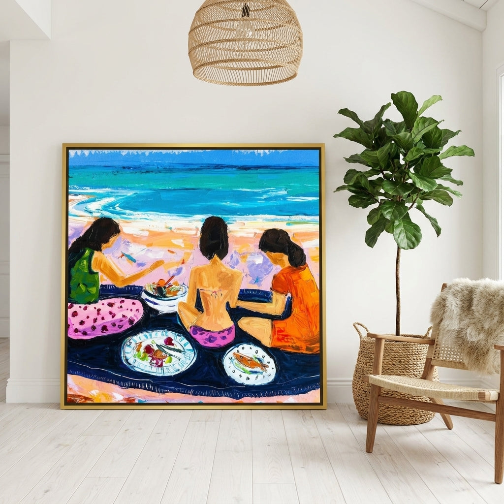 Oversized statement canvas wall art with a gold leaf surround leaning against the wall in a bright Scandinavian dining room