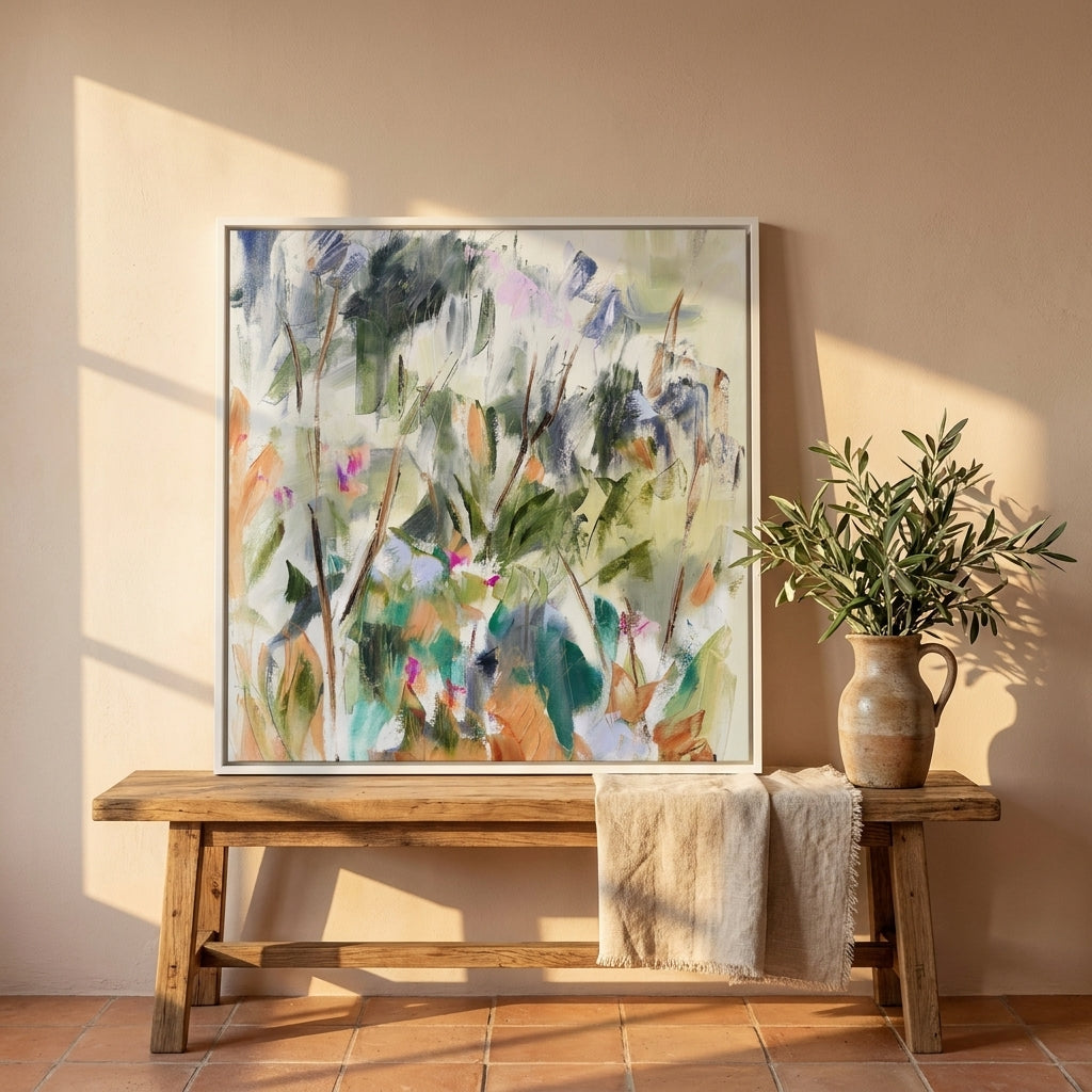 Canvas wall art with a white surround standing on a bench in a Mediterranean home office