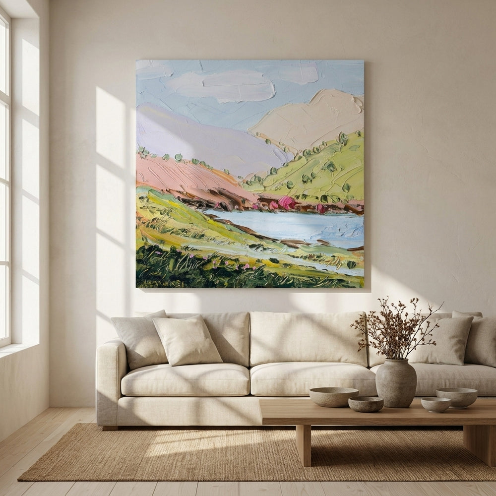 Stretched canvas wall art styled on the wall in a warm Japandi living room