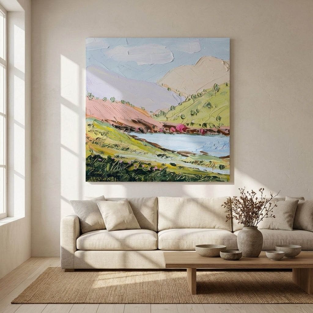 Stretched canvas wall art styled on the wall in a warm Japandi living room