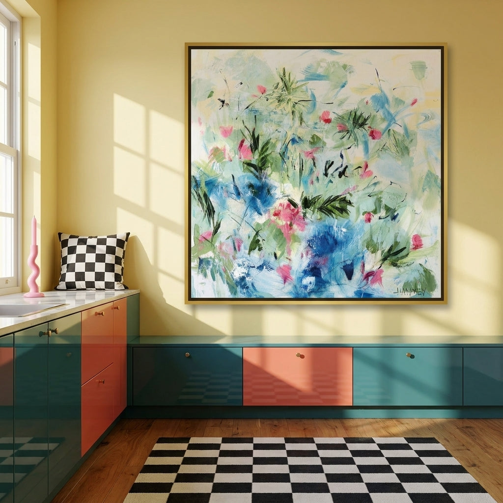 Oversized statement canvas wall art with a gold leaf surround styled on the wall in a colourful eclectic kitchen