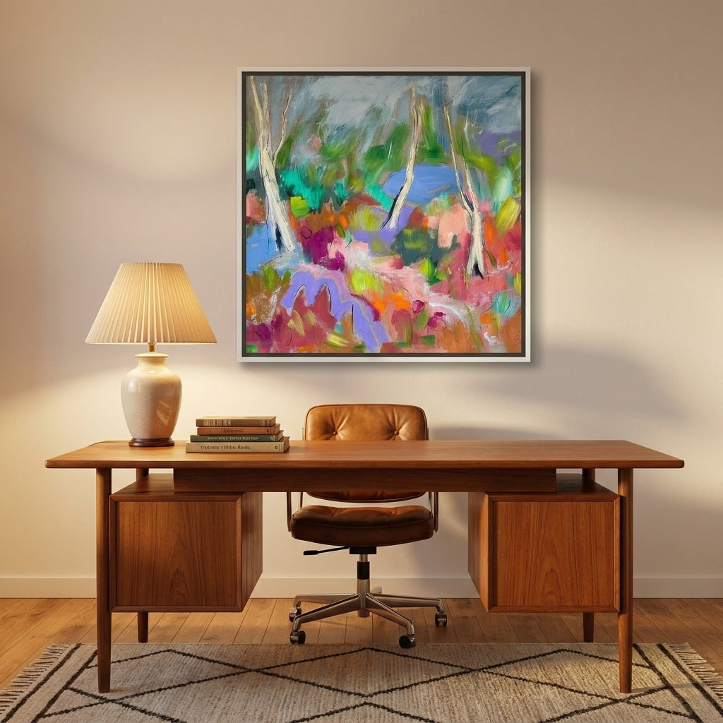 Canvas wall art with a white surround styled on the wall in a mid-century home office