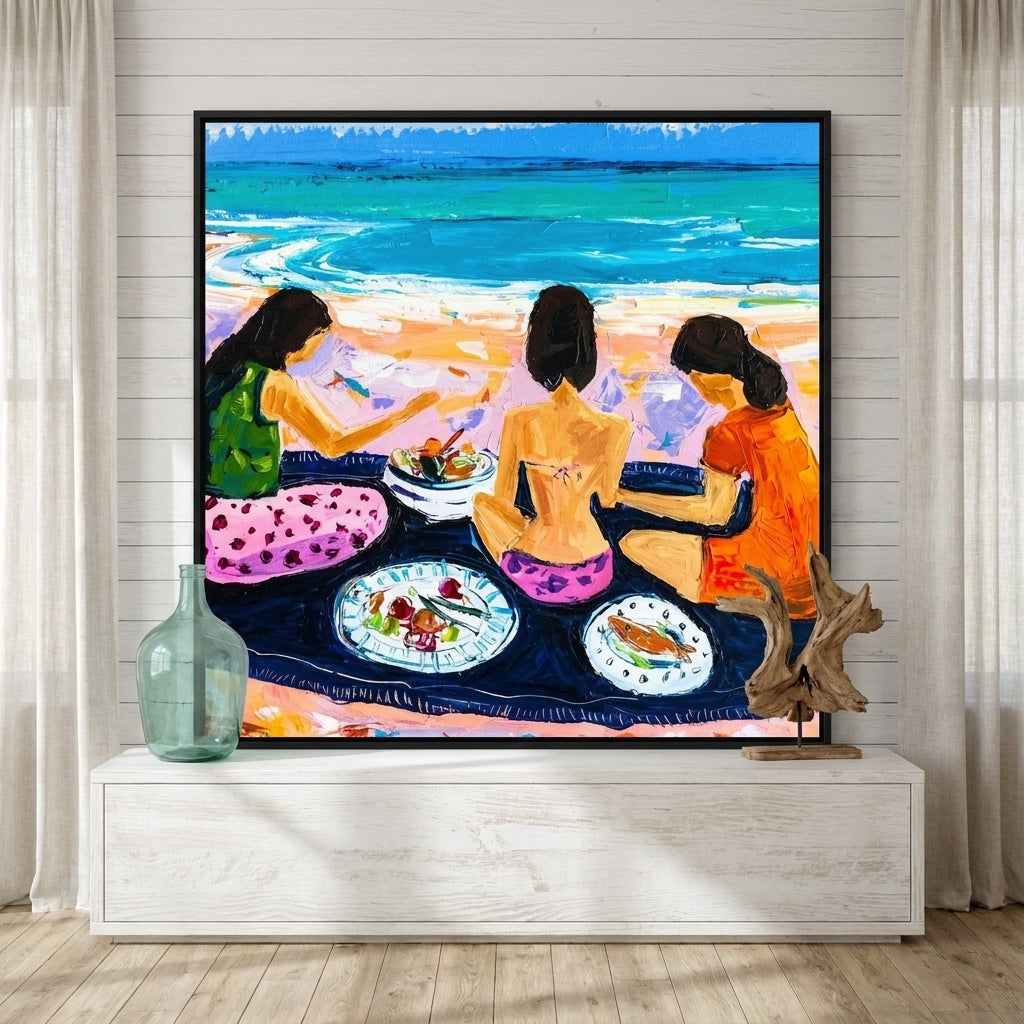 Canvas wall art with a black surround standing on a console in a coastal dining room