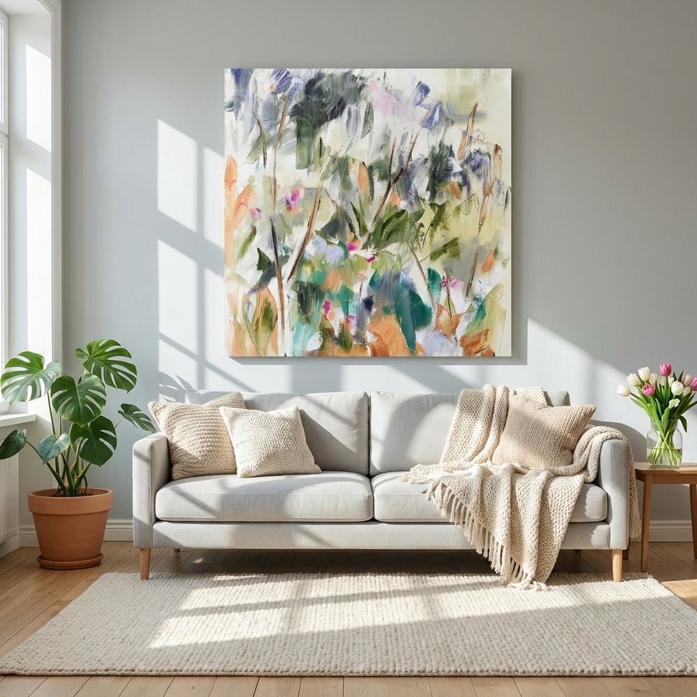 Stretched canvas wall art styled on the wall in a bright Scandinavian living room
