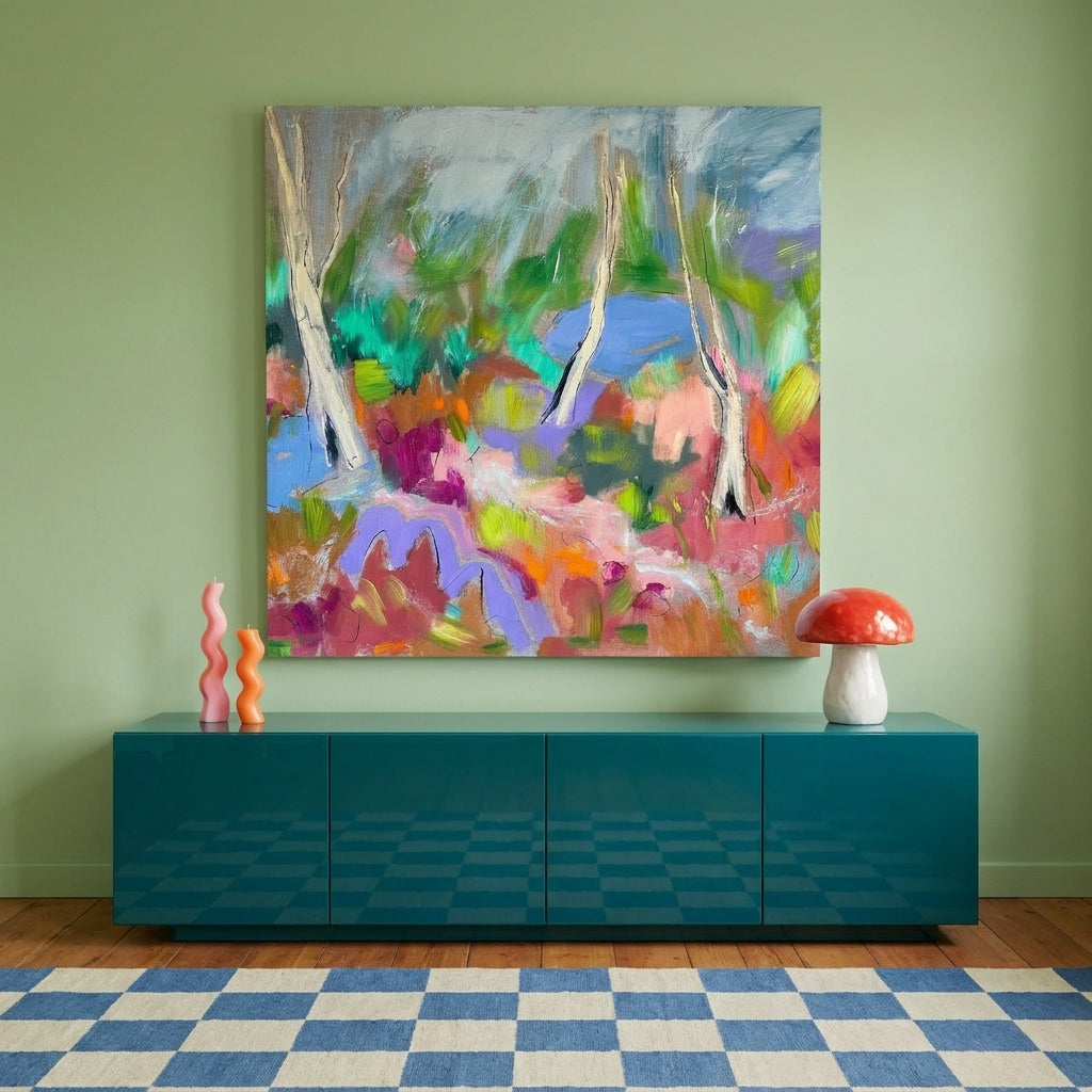 Stretched canvas wall art styled on the wall in a colourful eclectic living room