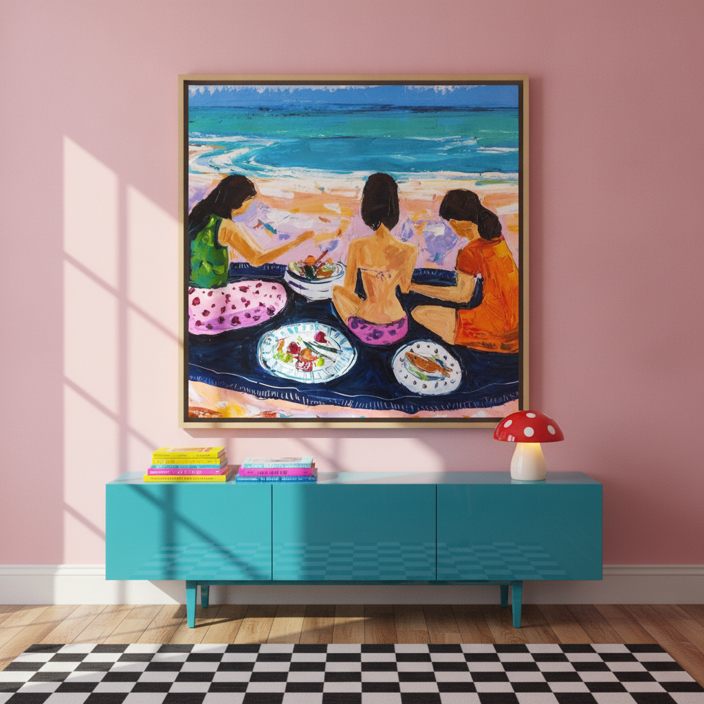 Oversized statement canvas wall art with a natural timber surround styled on the wall in a colourful eclectic living room