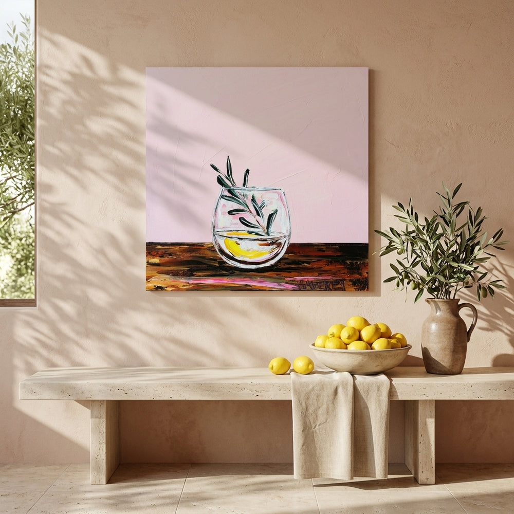 Stretched canvas wall art styled on the wall in a Mediterranean kitchen