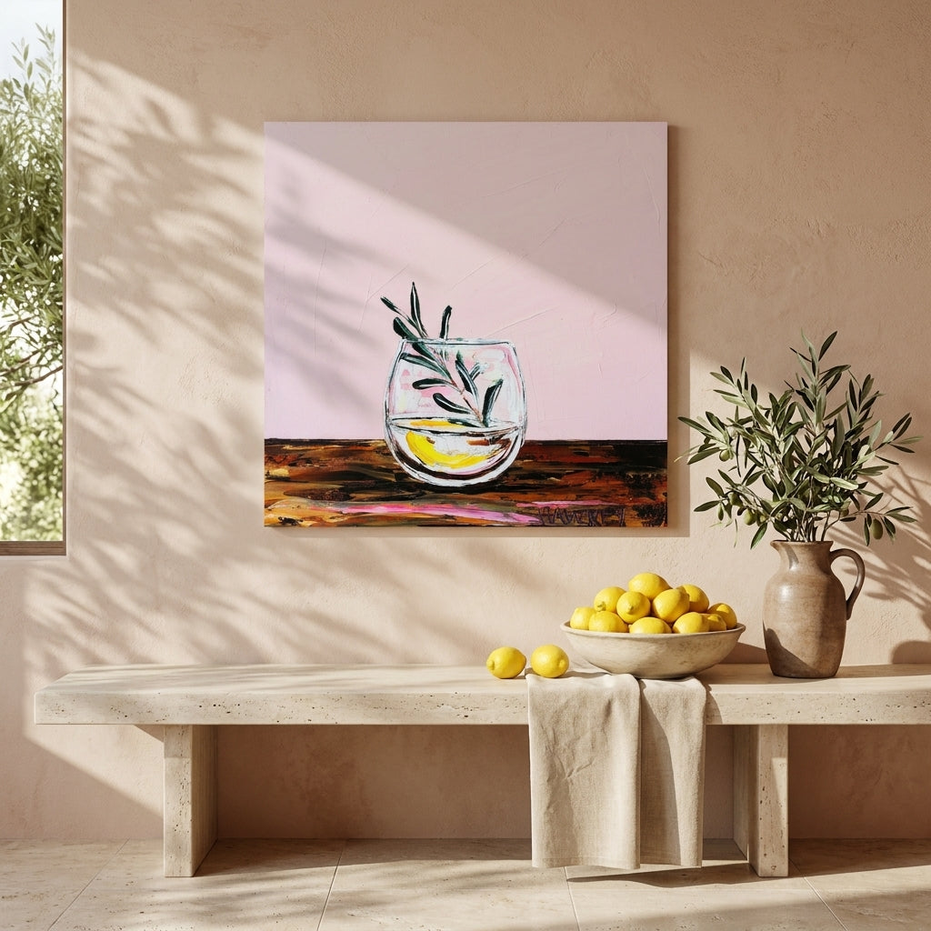 Stretched canvas wall art styled on the wall in a Mediterranean kitchen
