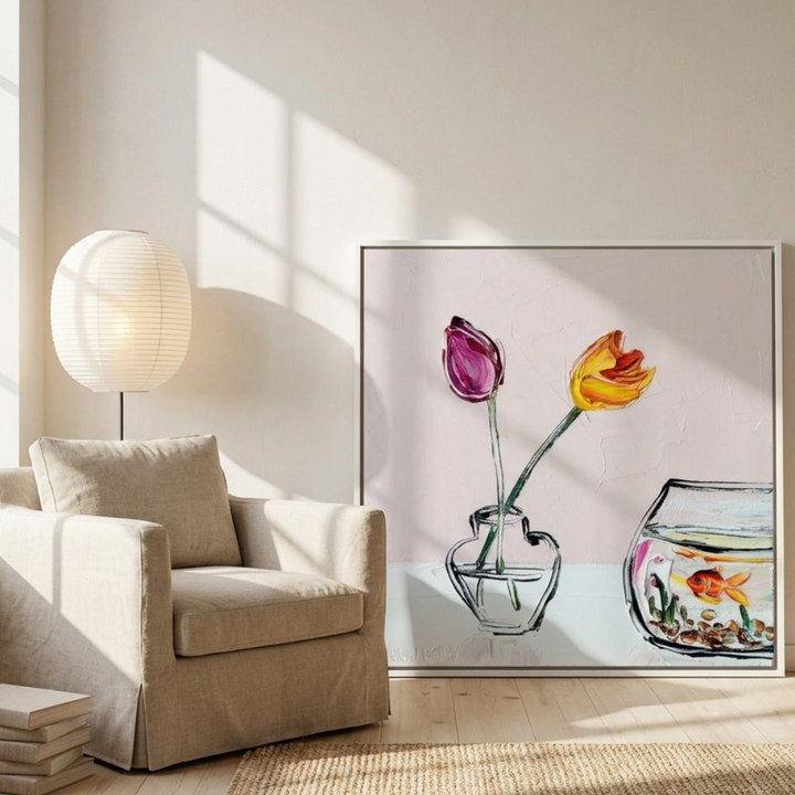 Canvas wall art with a white surround leaning against the wall in a warm Japandi bedroom