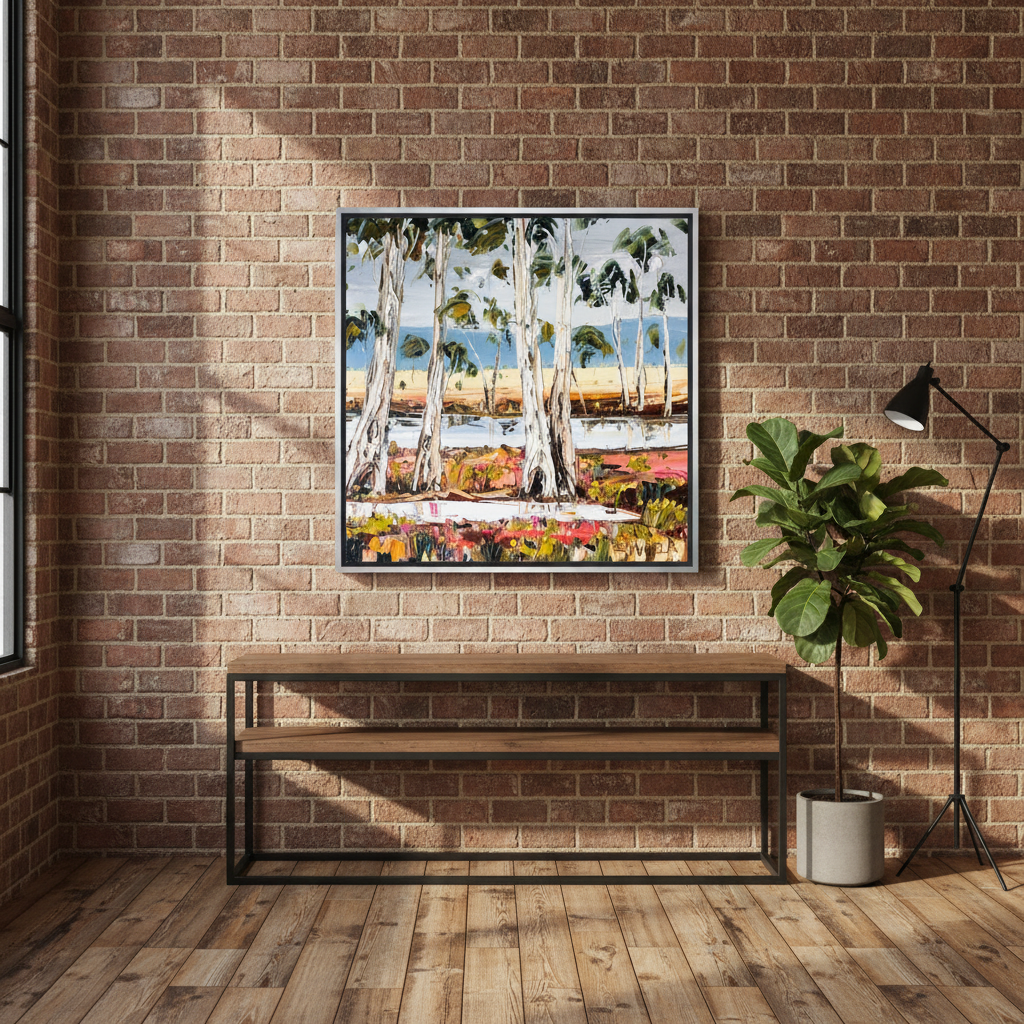 Canvas wall art with a silver leaf surround styled on the wall in an industrial loft living room