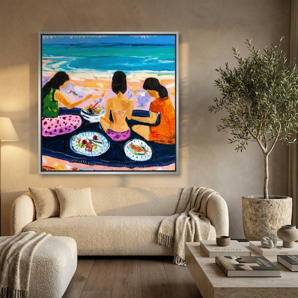 Canvas wall art with a silver leaf surround styled on the wall in a luxe living room