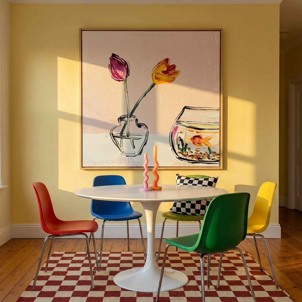 Oversized statement canvas wall art with a natural timber surround styled on the wall in a colourful eclectic dining room