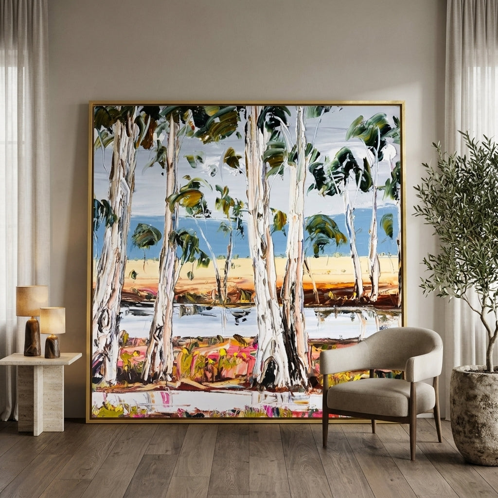 Oversized statement canvas wall art with a gold leaf surround leaning against the wall in a luxe living room