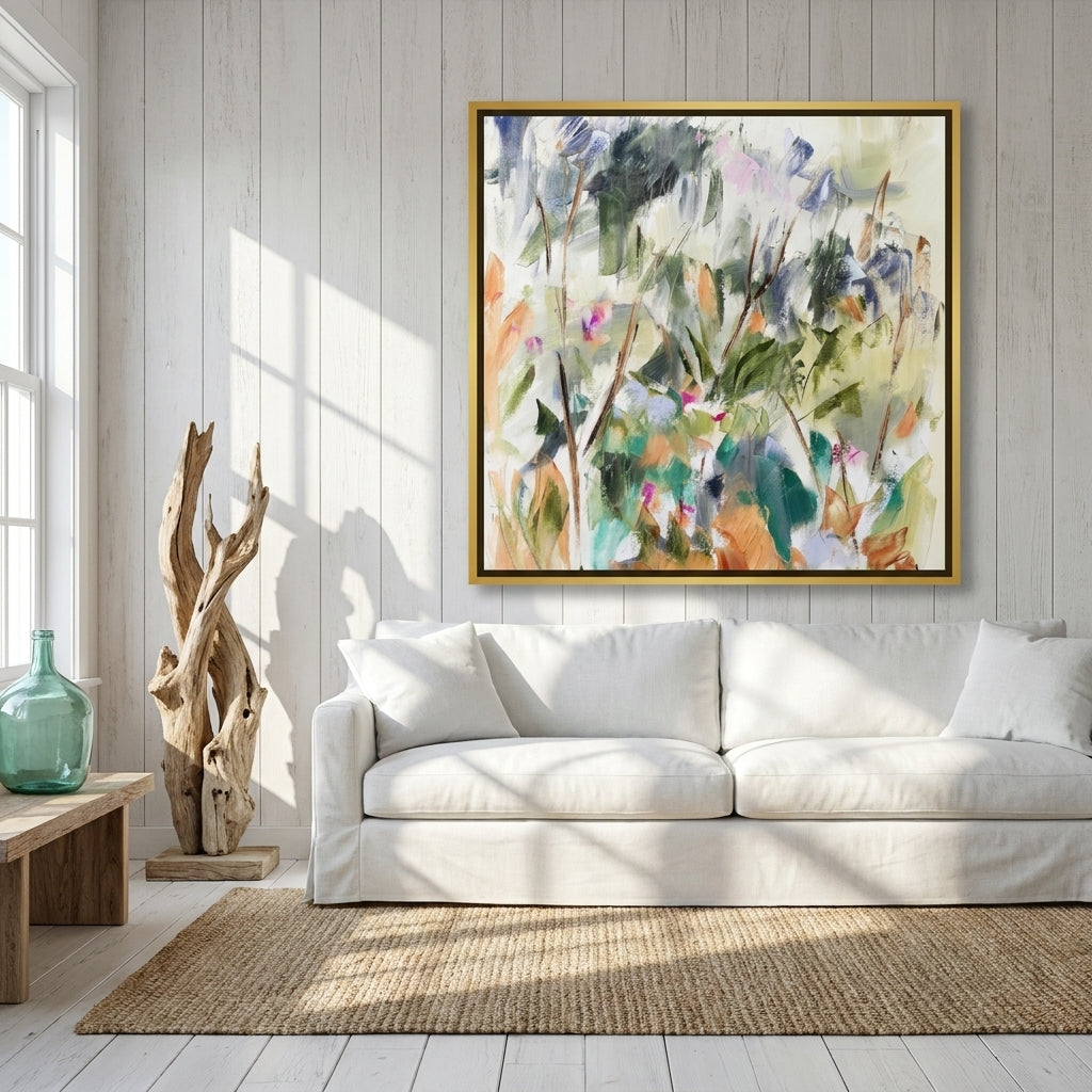 Oversized statement canvas wall art with a gold leaf surround styled on the wall in a coastal living room