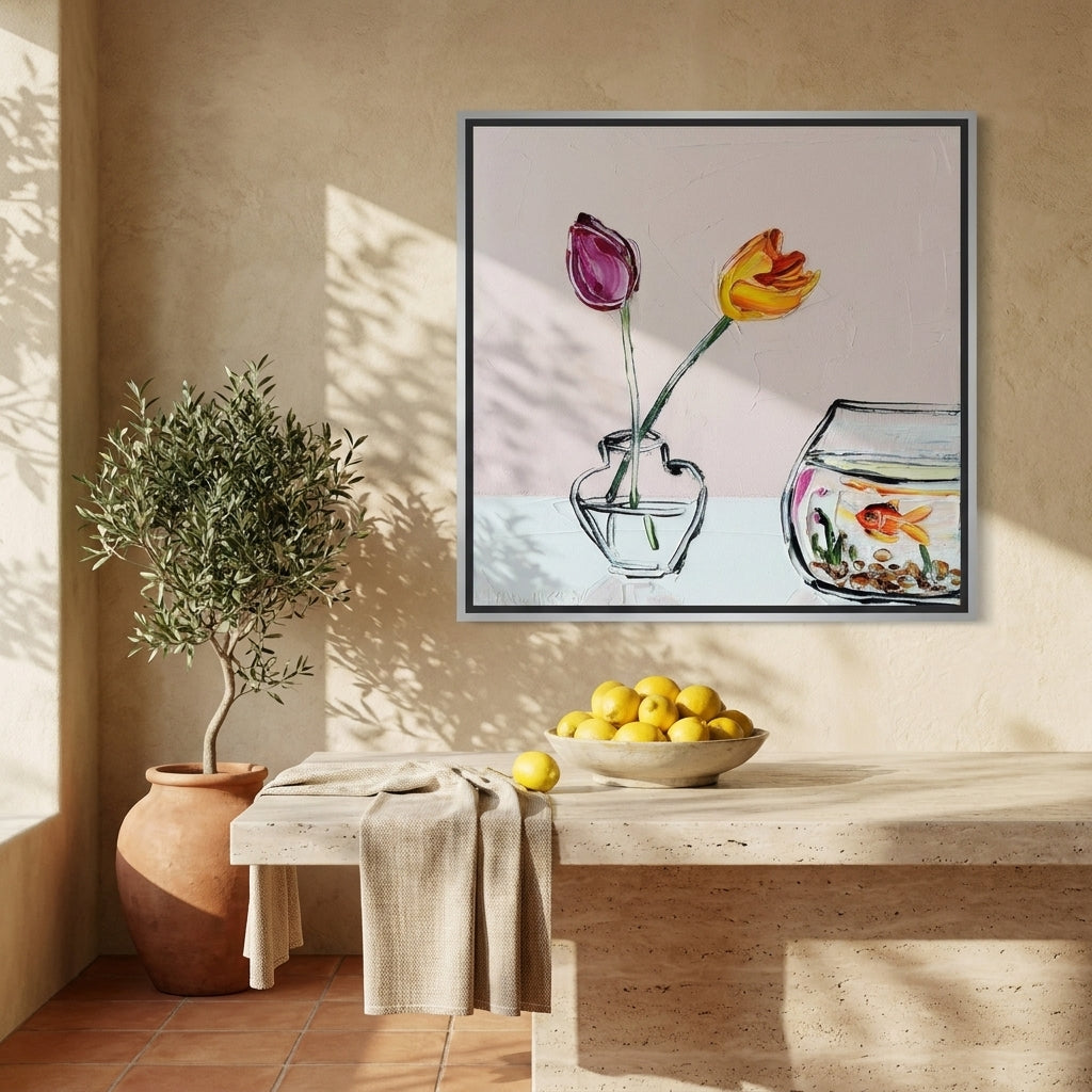 Canvas wall art with a silver leaf surround styled on the wall in a Mediterranean kitchen