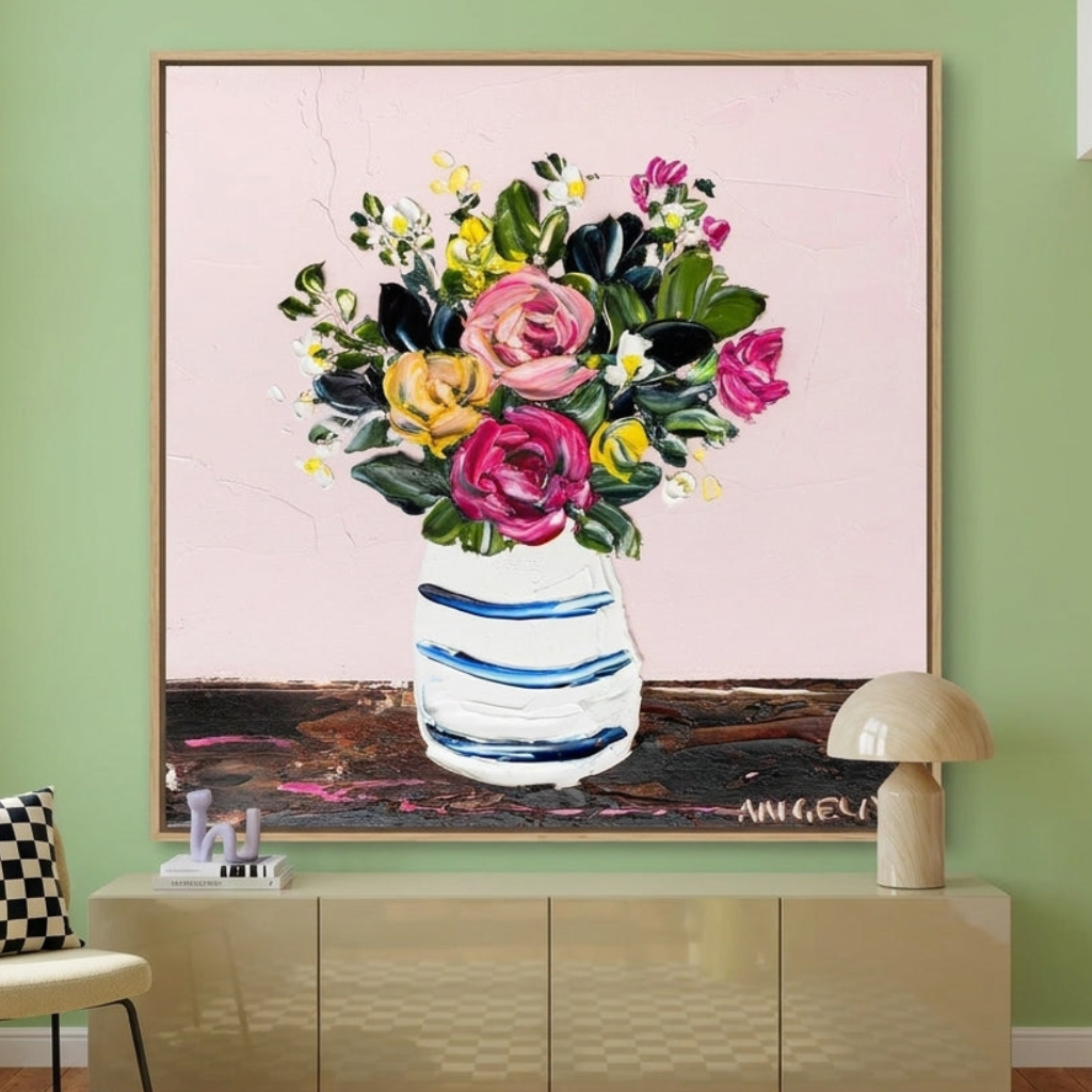 Oversized statement canvas wall art with a natural timber surround styled on the wall in a colourful eclectic living room
