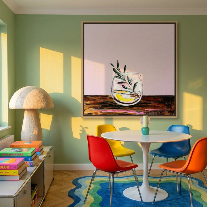 Oversized statement canvas wall art with a natural timber surround styled on the wall in a colourful eclectic dining room