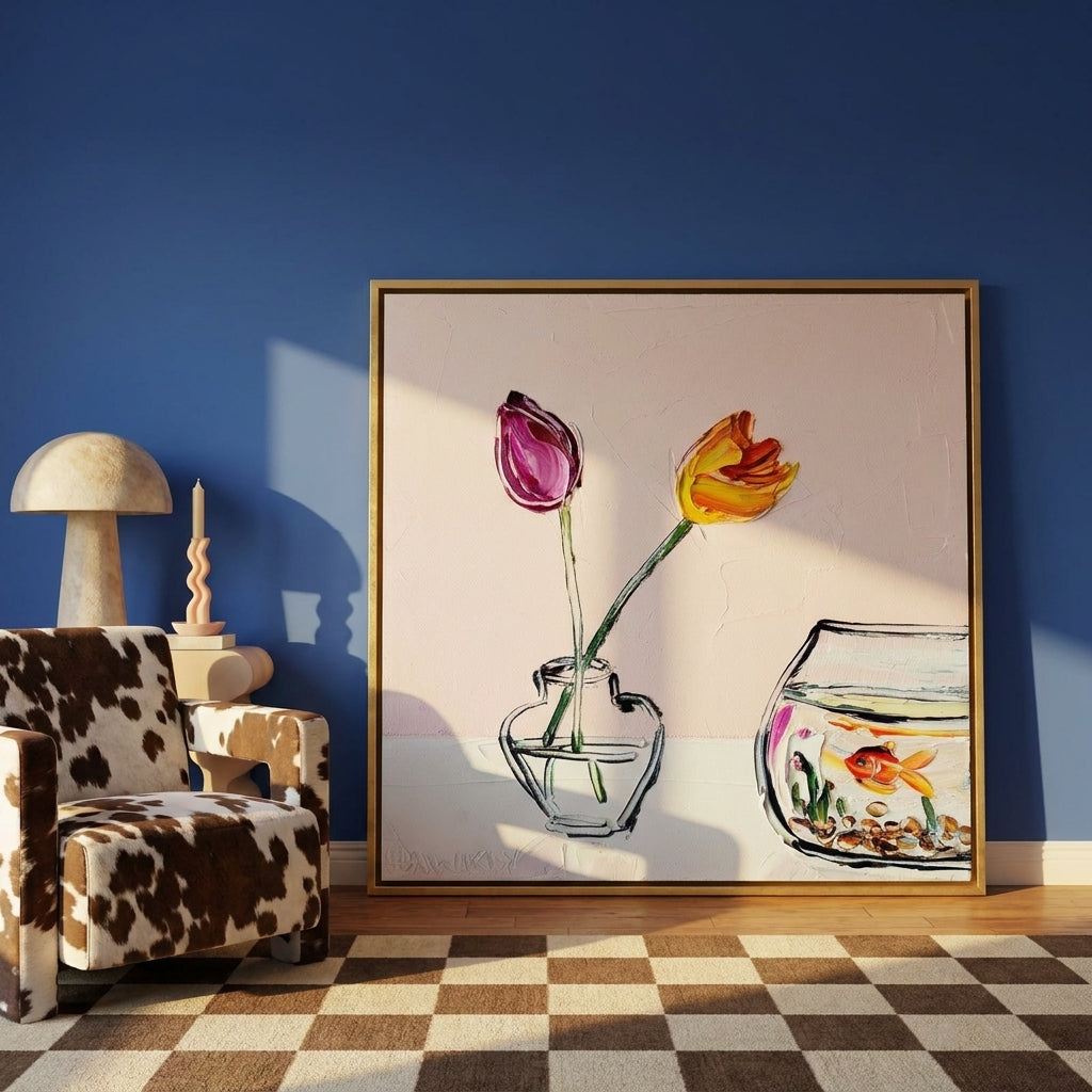 Oversized statement canvas wall art with a gold leaf surround leaning against the wall in a colourful eclectic dining room