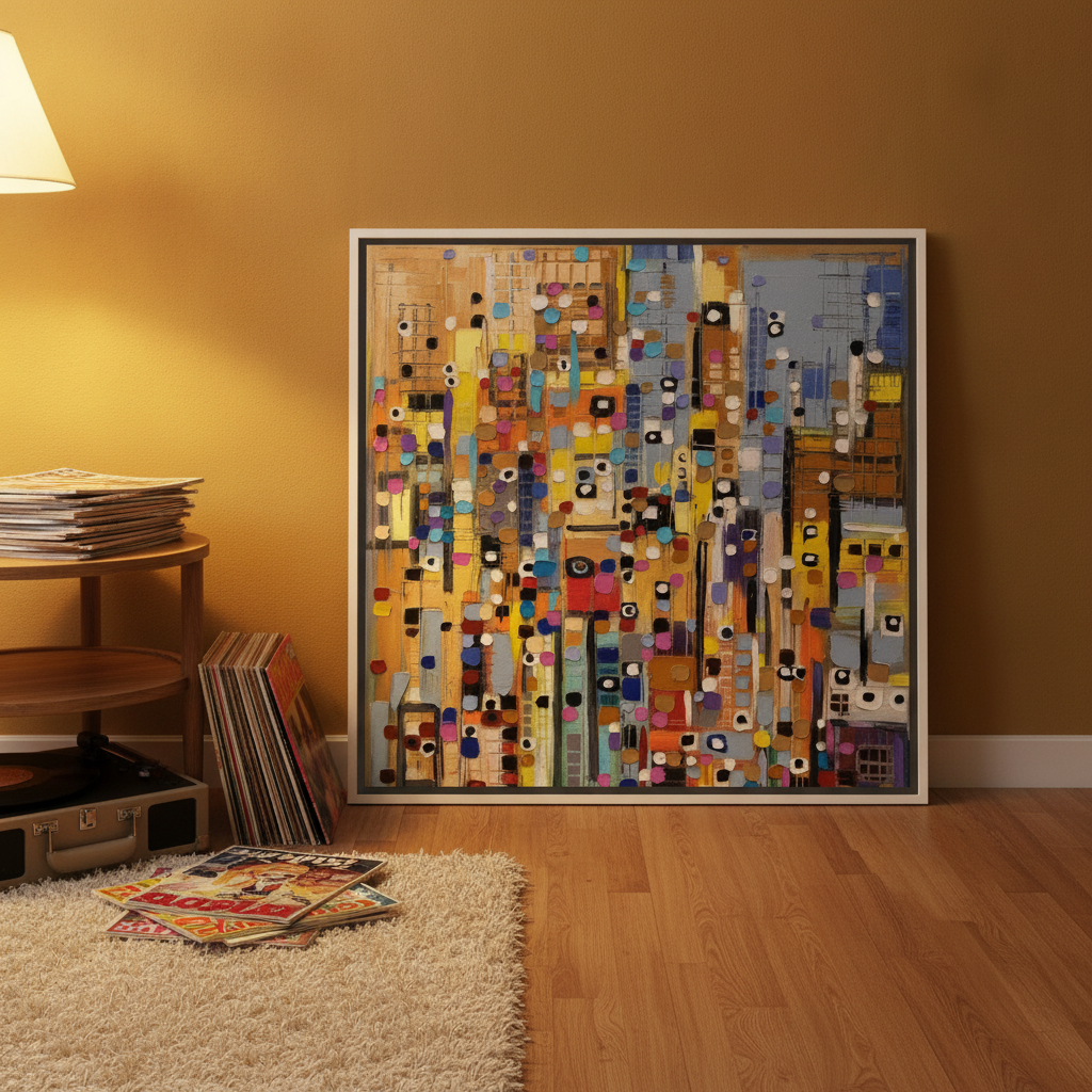 Canvas wall art with a white surround leaning against the wall in a retro 70s dining room