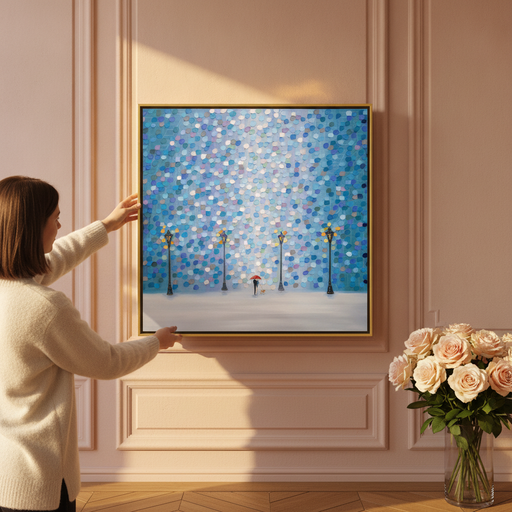 Person holding canvas wall art with a gold leaf surround in a Parisian living room