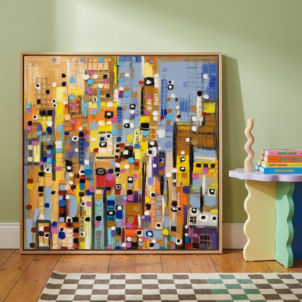 Canvas wall art with a natural timber surround leaning against the wall in a colourful eclectic home office