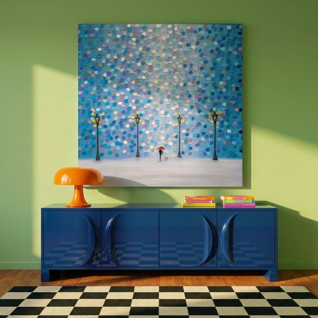 Stretched canvas wall art styled on the wall in a colourful eclectic living room