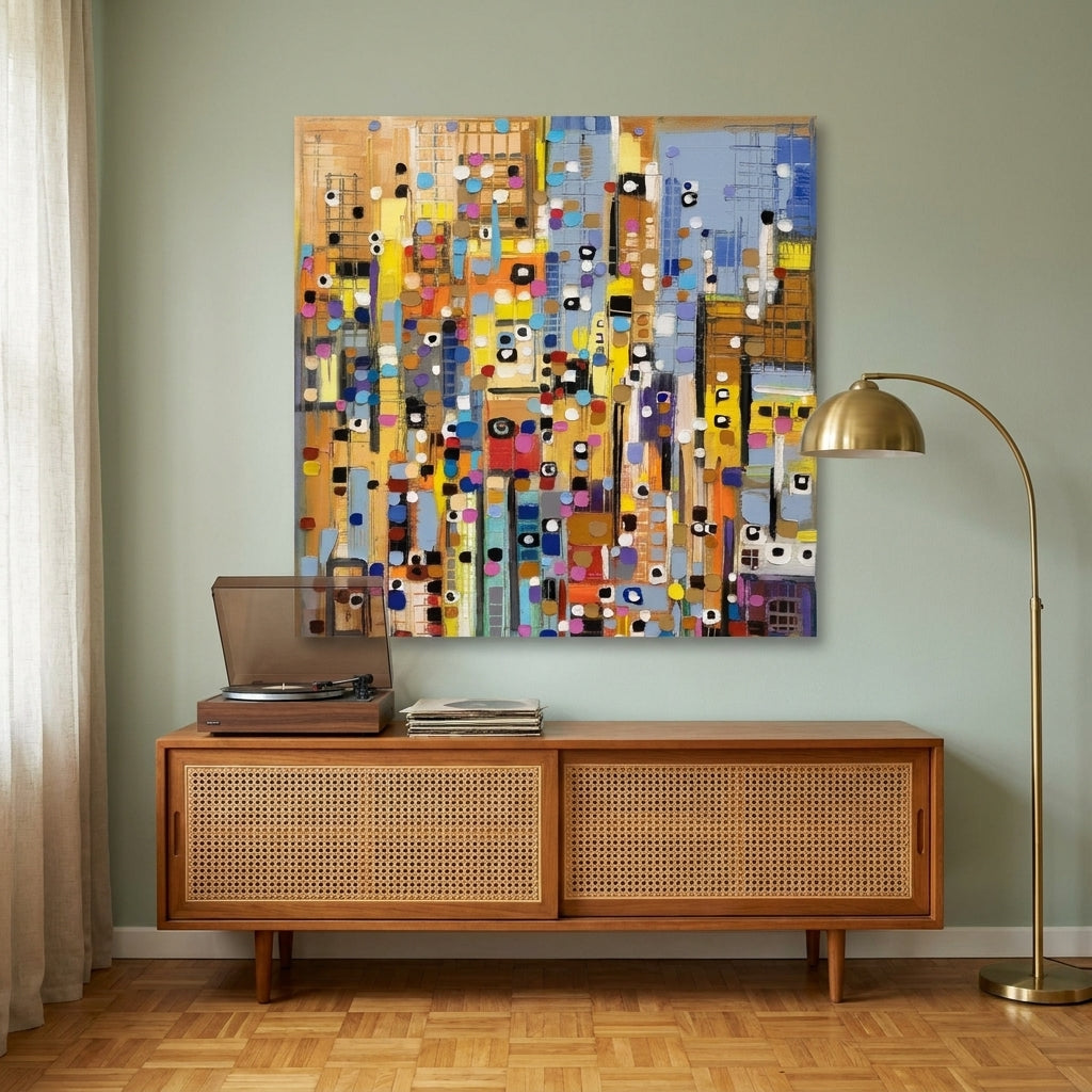 Stretched canvas wall art styled on the wall in a mid-century living room