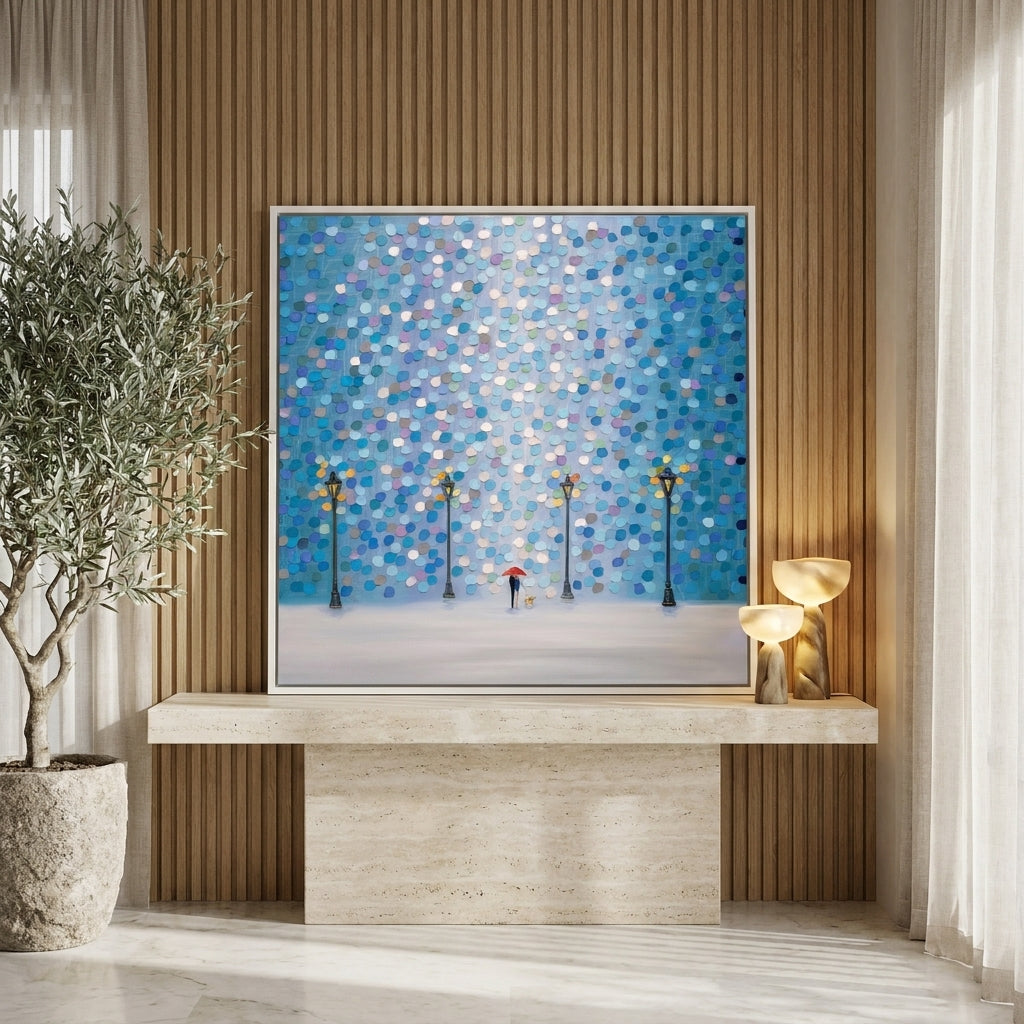Canvas wall art with a white surround standing on a console in a luxe living room