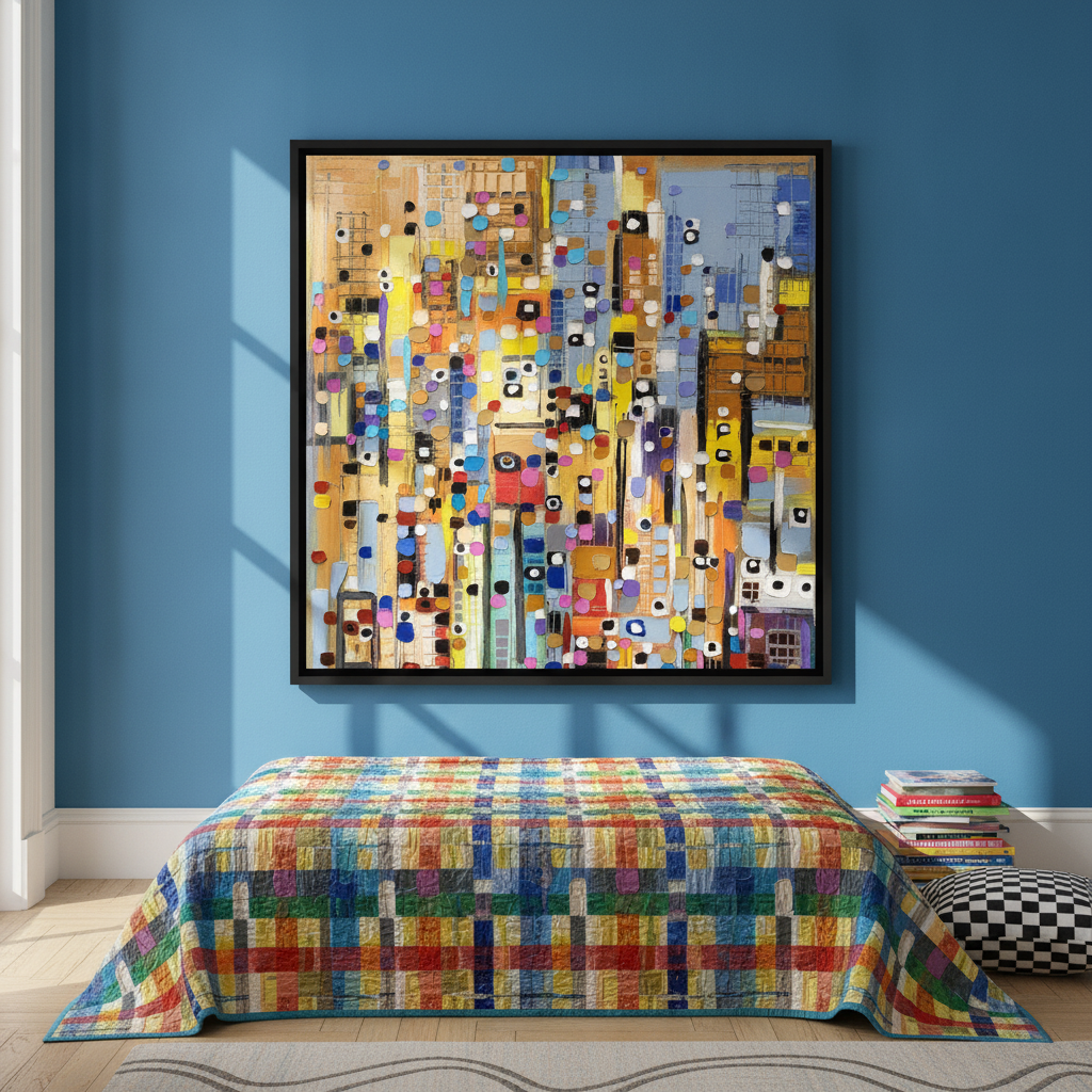 Oversized statement canvas wall art with a black surround styled on the wall in a colourful eclectic bedroom