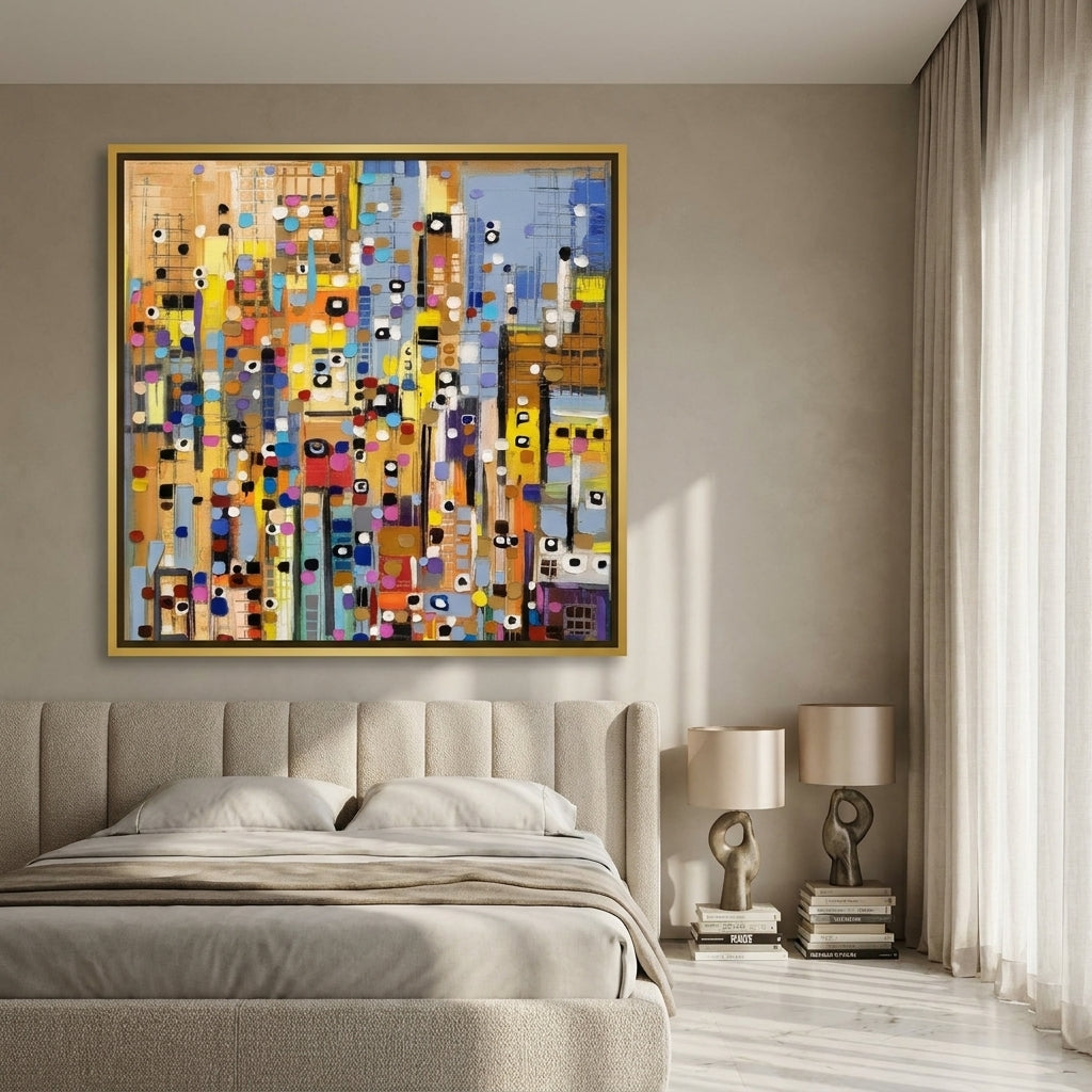 Oversized statement canvas wall art with a gold leaf surround styled on the wall in a luxe bedroom