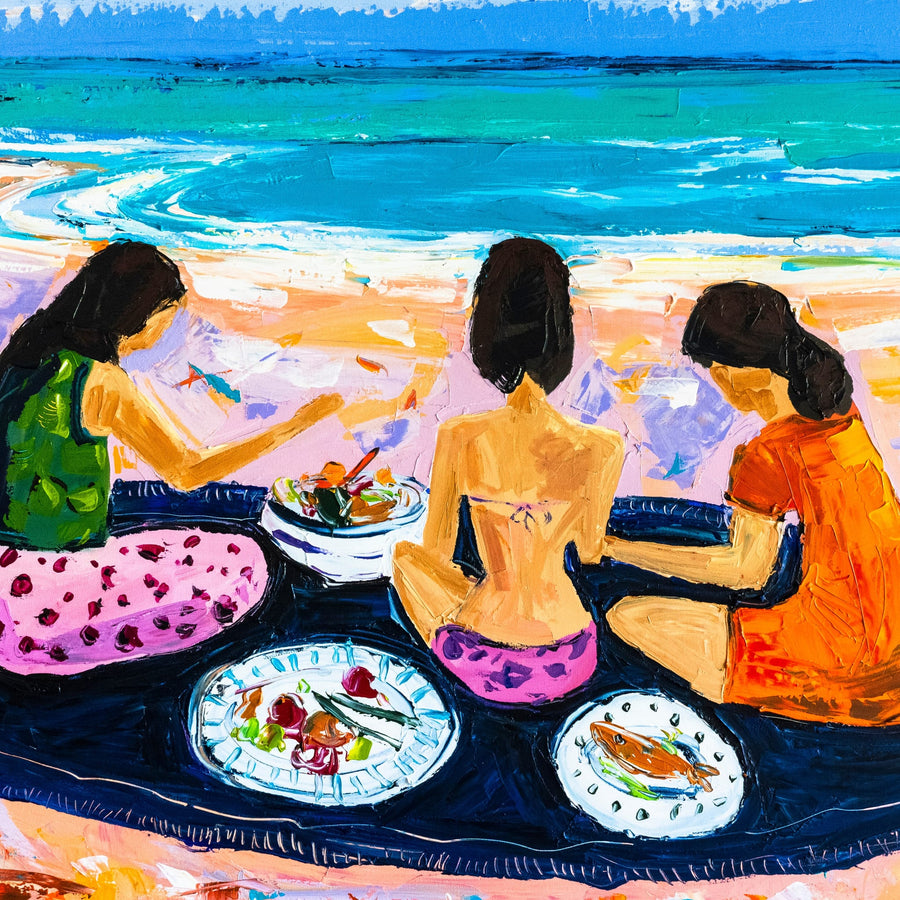 Girls Beach Picnic By Angela Hawkey | Canvas Square Print