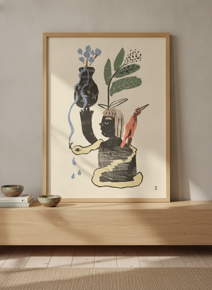 Modern wall art print standing on a sideboard in a warm Japandi home office
