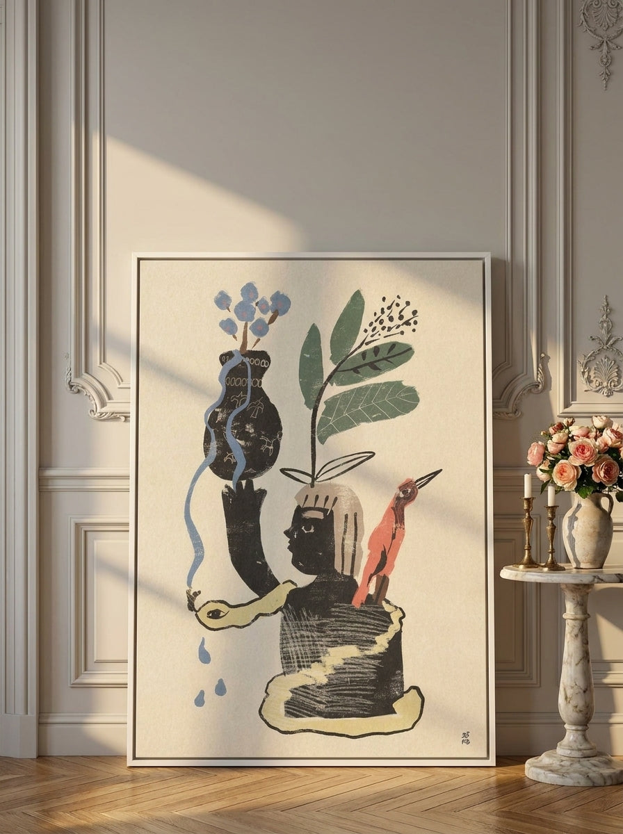 Canvas wall art with a white surround leaning against the wall in a Parisian bedroom