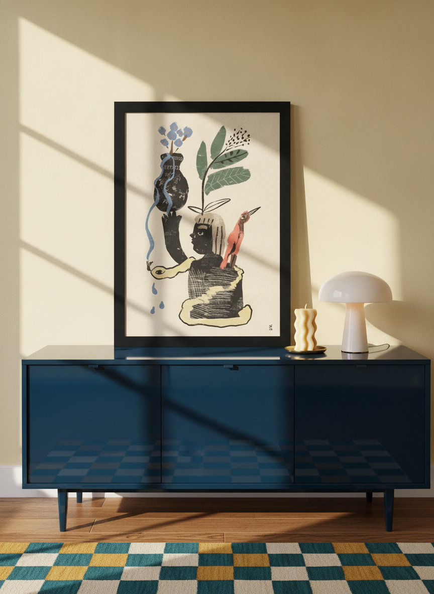 Modern wall art print standing on a sideboard in a colourful eclectic bedroom