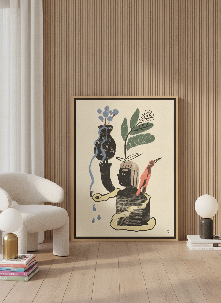 Canvas wall art with a natural timber surround leaning against the wall in a luxe home office