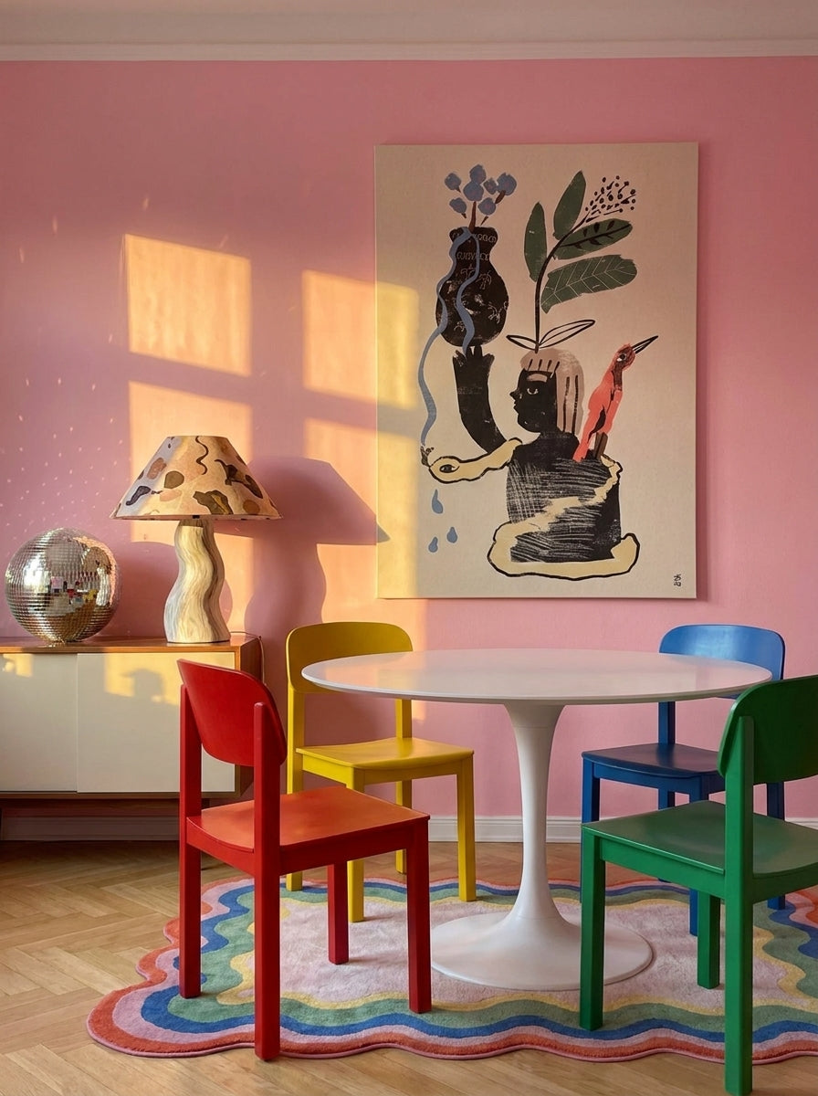 Stretched canvas wall art styled on the wall in a colourful eclectic dining room