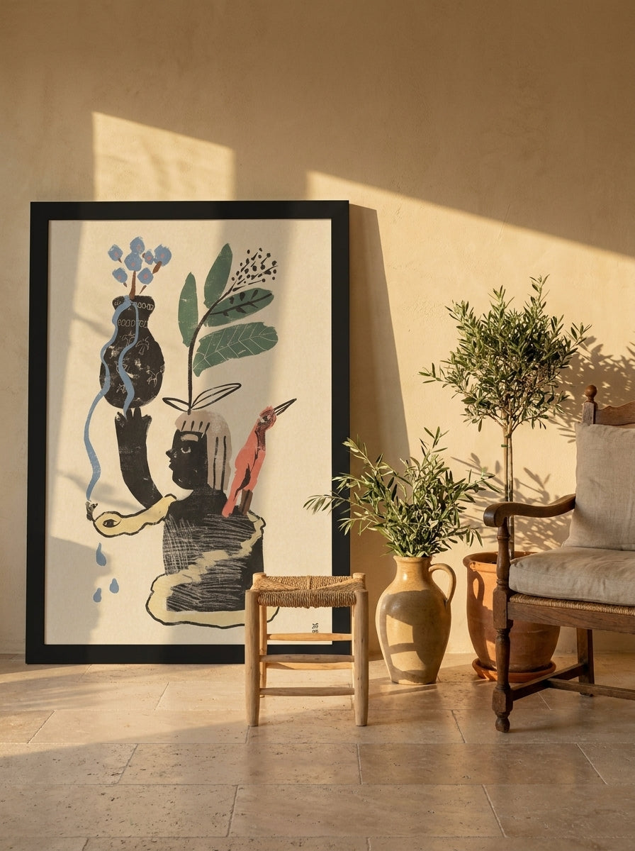 Oversized statement modern wall art print leaning against the wall in a Mediterranean living room