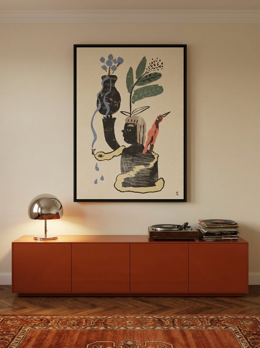 Oversized statement canvas wall art with a black surround styled on the wall in a retro 70s living room