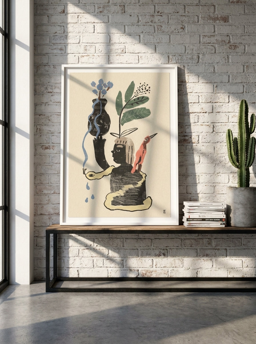 Modern wall art print standing on a console in an industrial loft bedroom