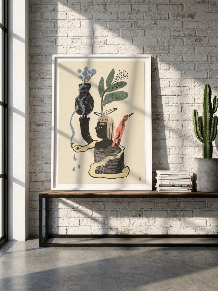Modern wall art print standing on a console in an industrial loft bedroom