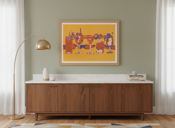 Modern wall art print styled on the wall in a mid-century kitchen