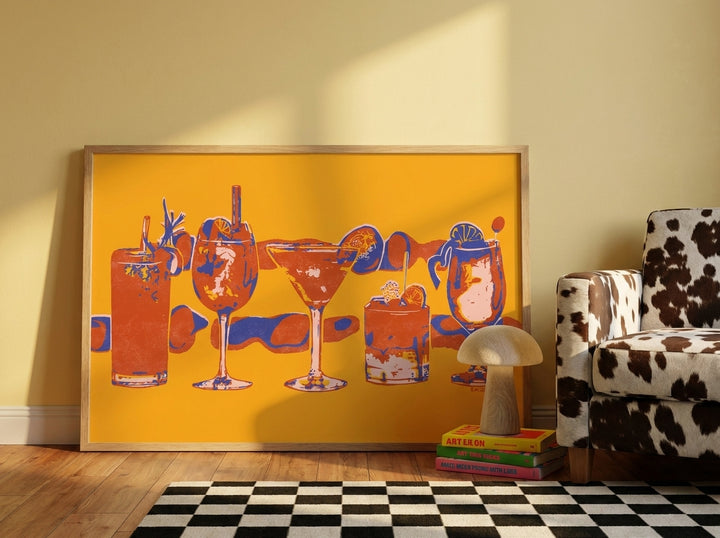 Oversized statement modern wall art print leaning against the wall in a colourful eclectic bedroom