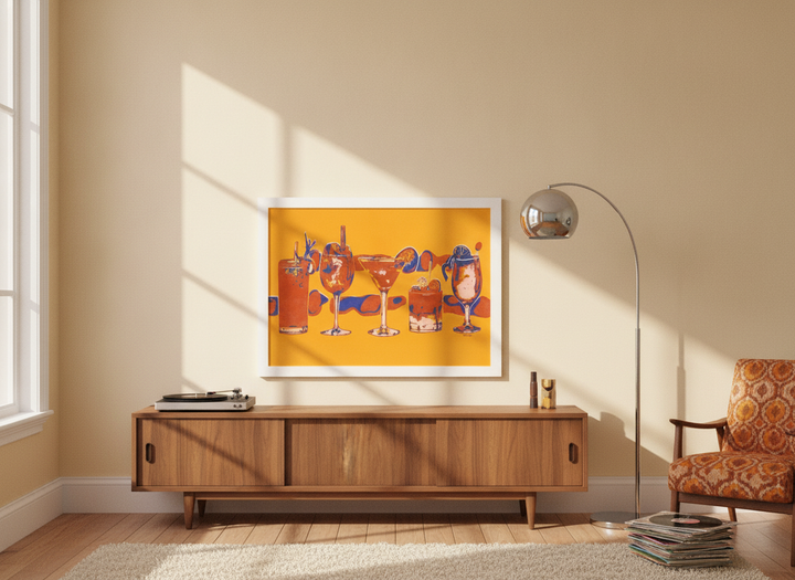 Modern wall art print standing on a sideboard in a retro 70s living room
