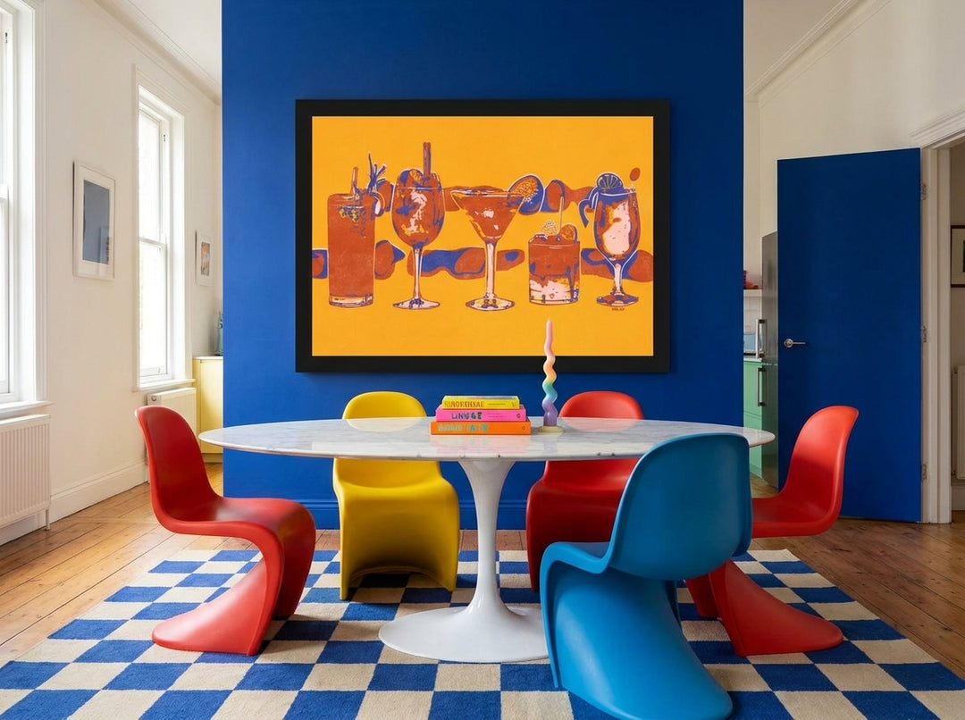 Oversized statement modern wall art print styled on the wall in a colourful eclectic dining room