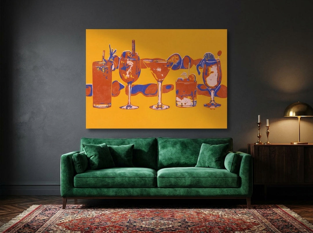 Stretched canvas wall art styled on the wall in a moody living room