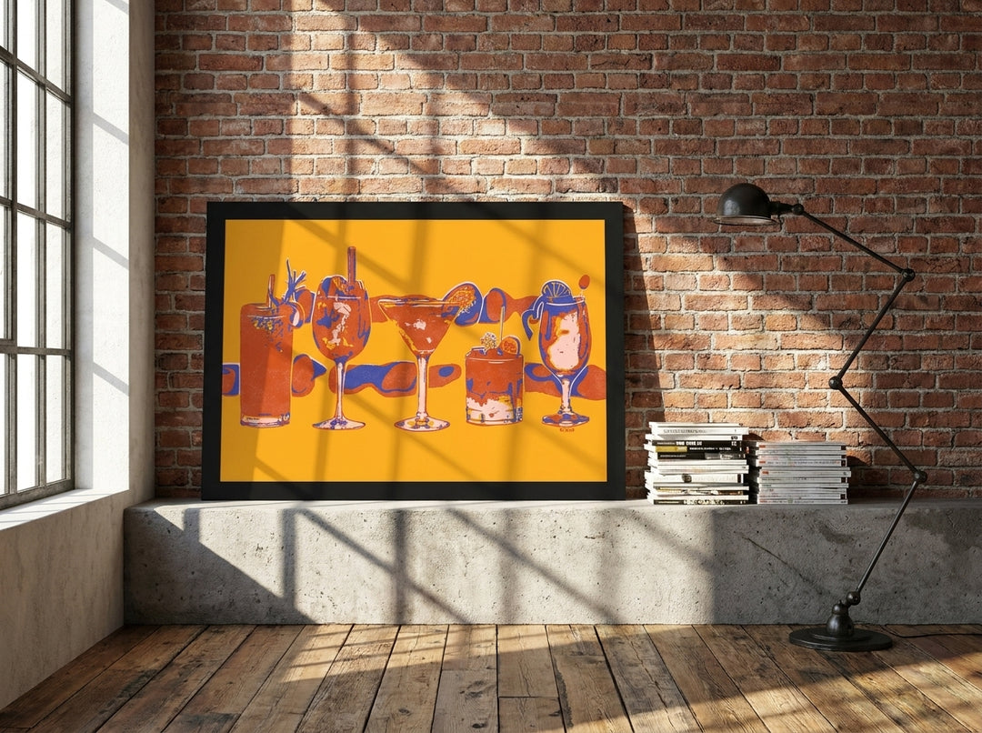 Modern wall art print standing on a kitchen bench in an industrial loft kitchen