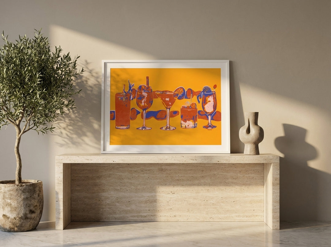 Modern wall art print standing on a console in a luxe dining room